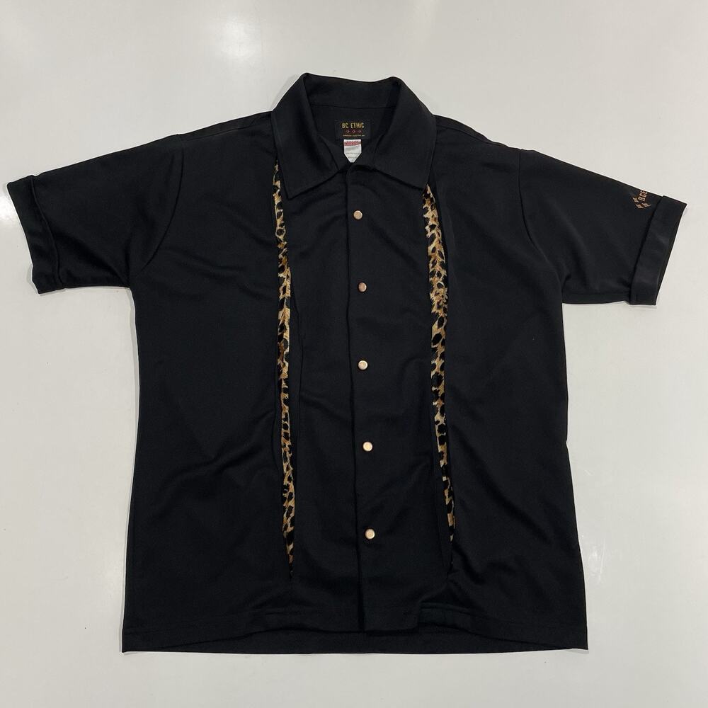 Vintage BC Ethic Camp Shirt Men’s M Black Leopard Panels Retro Lounge Bowling